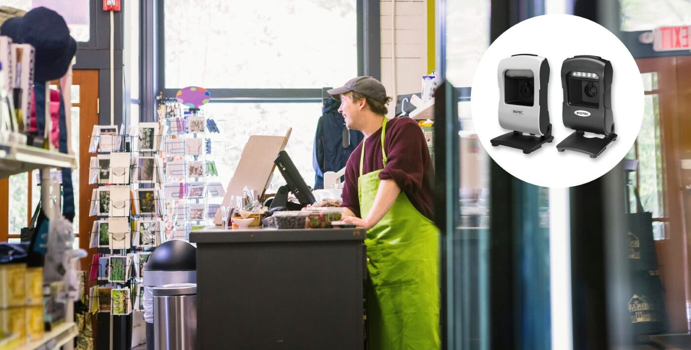 小売店のレジカウンターで使用されているプレゼンテーションスキャナー