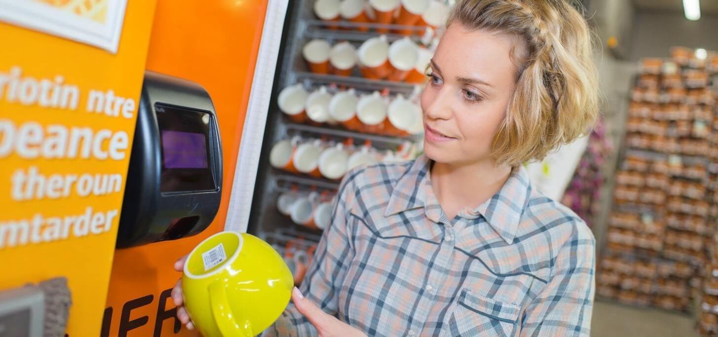 顧客がプライスチェッカーでカップの底のバーコードをスキャンしている